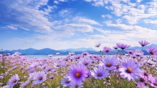 Purple daisy flower field blooming in spring morning with blue cloudy sky background .