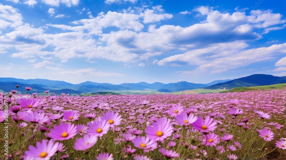 Fototapeta premium Purple daisy flower field blooming in spring morning with blue cloudy sky background .