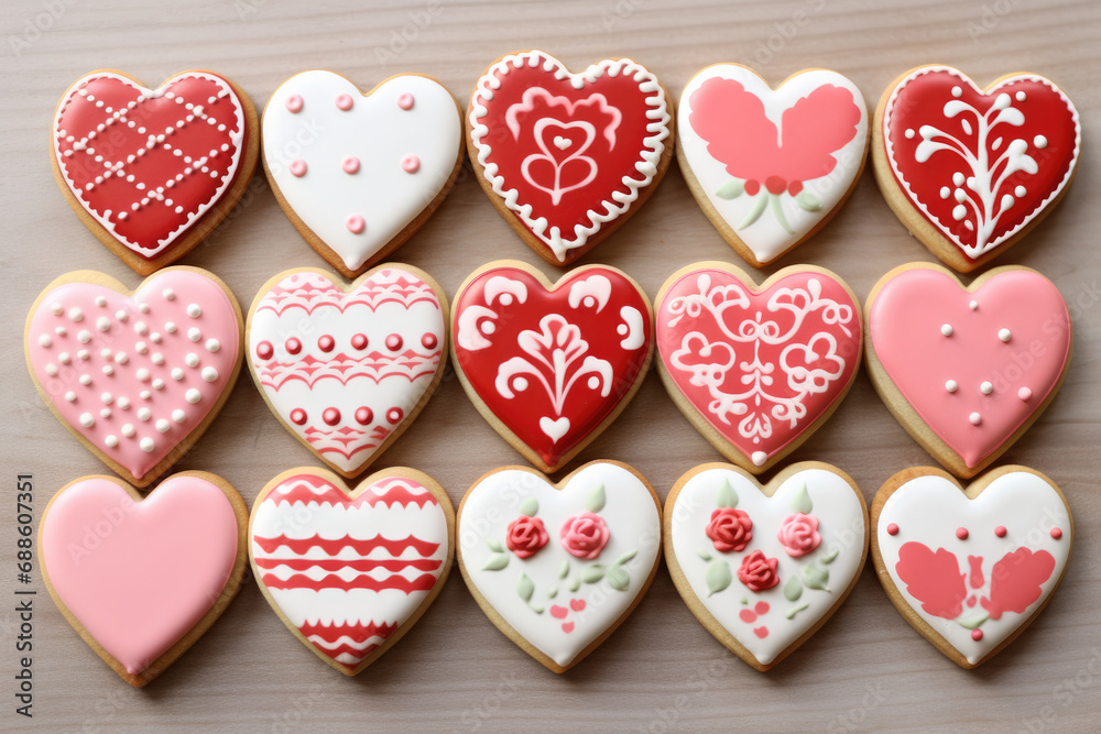Heart-Shaped Cookies, top view, Valentine's Day Concept Heart-Shaped Cookies, top view, Valentine's Day Concept