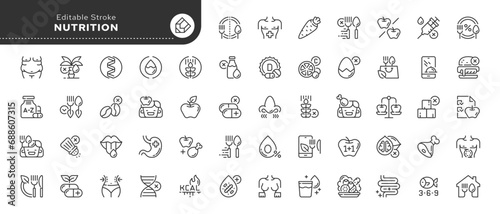 Set of line icons in linear style. Series - Nutrition. Proper nutrition, healthy eating and food. Healthy lifestyle. Outline icon collection. Conceptual pictogram and infographic.
