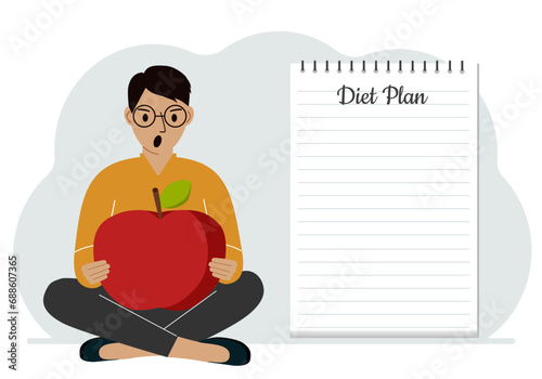 Diet plan illustration. A man sits cross-legged and holds a large red apple. The concept of diet food, meal planning, nutrition consultation.