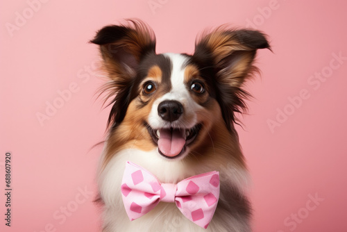 Aussie dog with a bow  pink background  Valentine s day concept