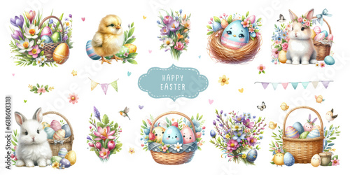 Watercolor Illustration set of Easter elements.
