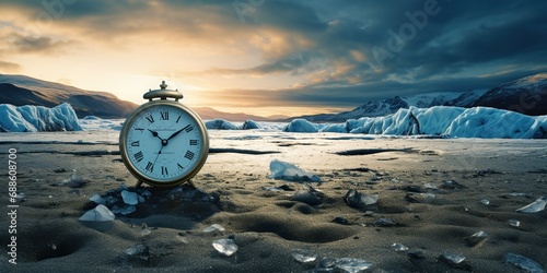 A melting glacier or a ticking clock amidst a barren landscape, illustrating the urgent need for climate action and environmental conservation , concept of Race against time