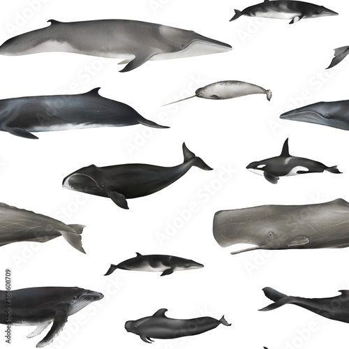 Watercolor whales seamless pattern isolated. Hand-drawn underwater ocean animals backdrop for fabric, packaging paper. Sperm whale, fin whale, sei whale,  minke, killer whale, humpback, narwhal photo