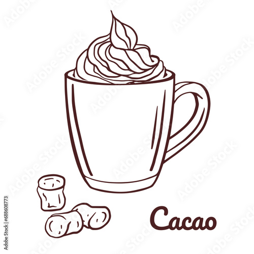 hot cocoa. Hand drawn illustration  with cream decoration for cold days. Christmas winter mood doodle vector Mug with cocoa and marshmallows. Concept for cafe  poster  recipes  social media