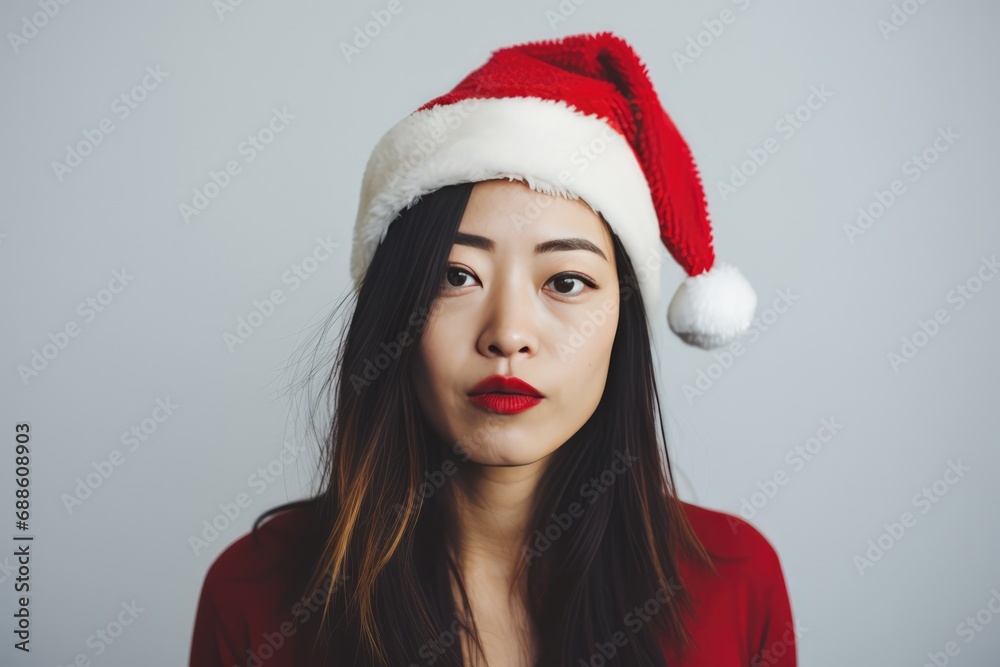 Beautiful Sad Chinese Woman In Santa Hat On White Background Beautiful Sad Chinese Woman In Santa Hat On White Background