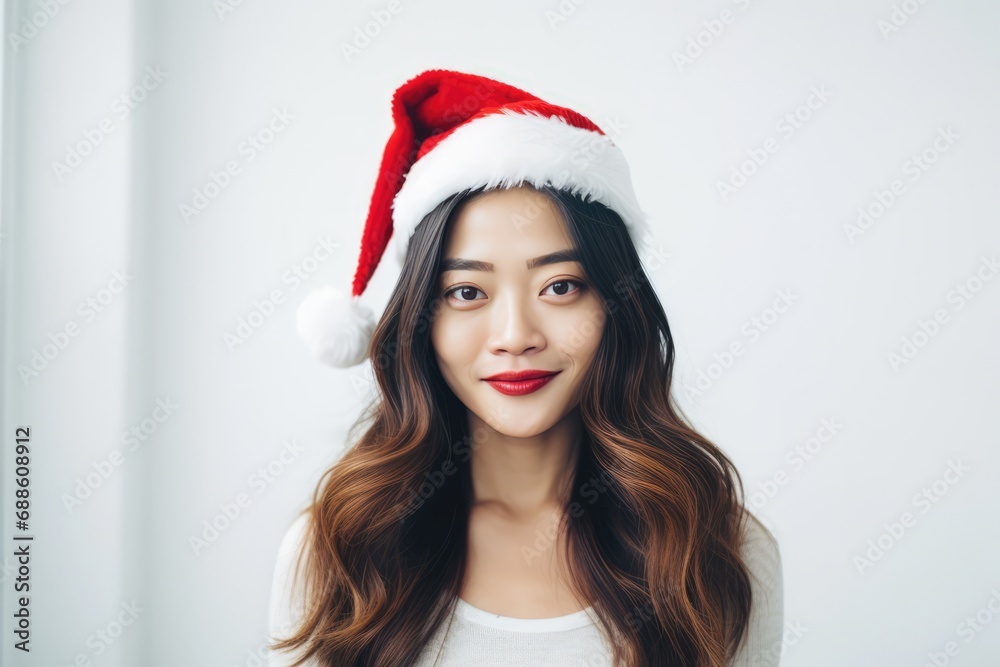 Beautiful Chinese Woman In Santa Hat On White Background Beautiful Chinese Woman In Santa Hat On White Background