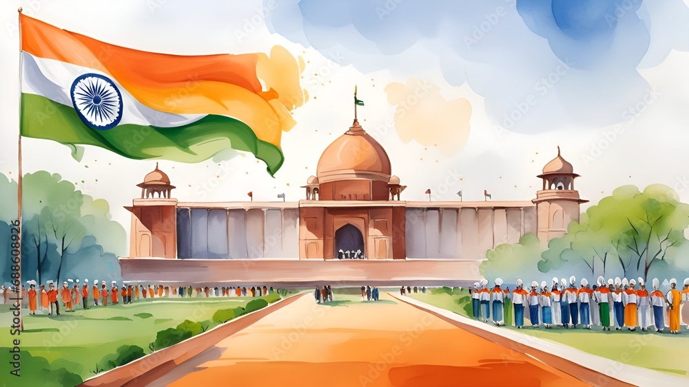 Watercolor illustration of india republic day. - obrazy, fototapety, plakaty 
