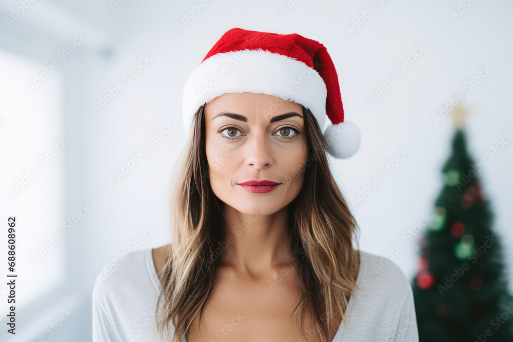 Sad European Woman In Santa Hat On White Background Sad European Woman In Santa Hat On White Background