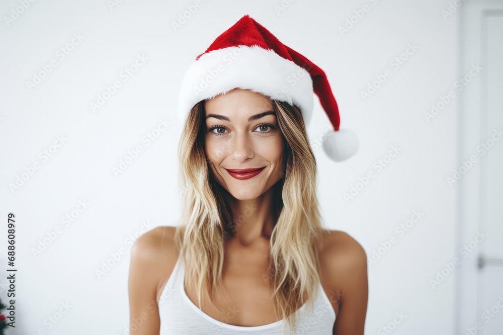Beautiful European Woman In Santa Hat On White Background Beautiful European Woman In Santa Hat On White Background