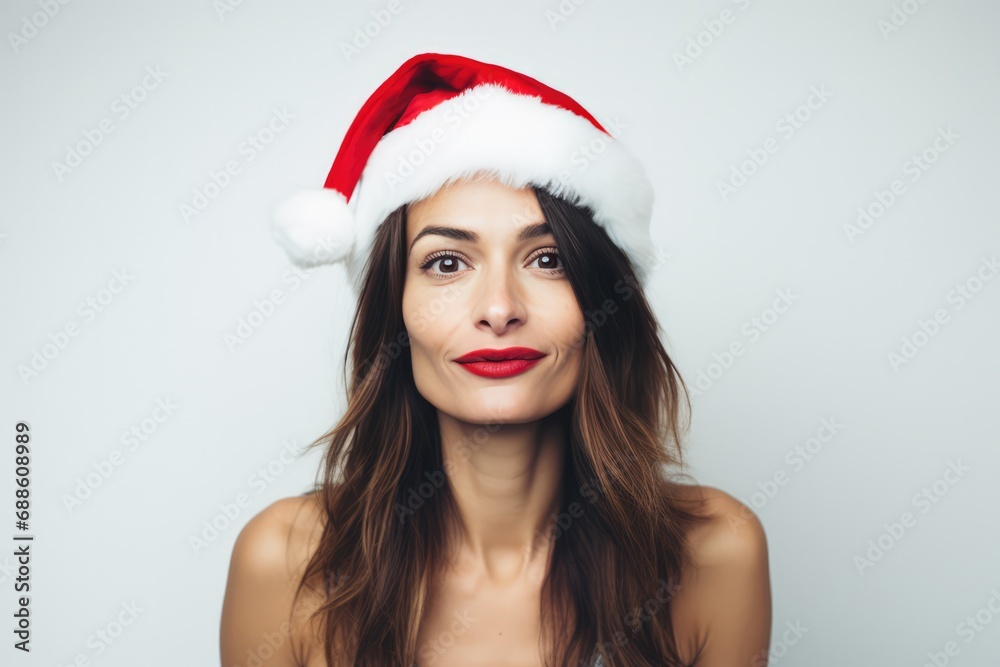Beautiful French Woman In Santa Hat On White Background Beautiful French Woman In Santa Hat On White Background