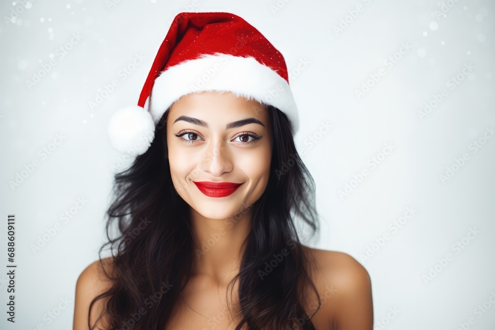 Beautiful Thai Woman In Santa Hat On White Background Beautiful Thai Woman In Santa Hat On White Background
