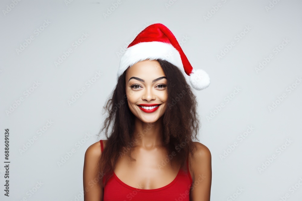 Beautiful South African Woman In Santa Hat On White Background Beautiful South African Woman In Santa Hat On White Background