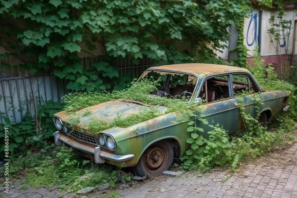 A post-apocalyptic future world without people, an abandoned city with plant growths. Generative AI A post-apocalyptic future world without people, an abandoned city with plant growths. Generative AI