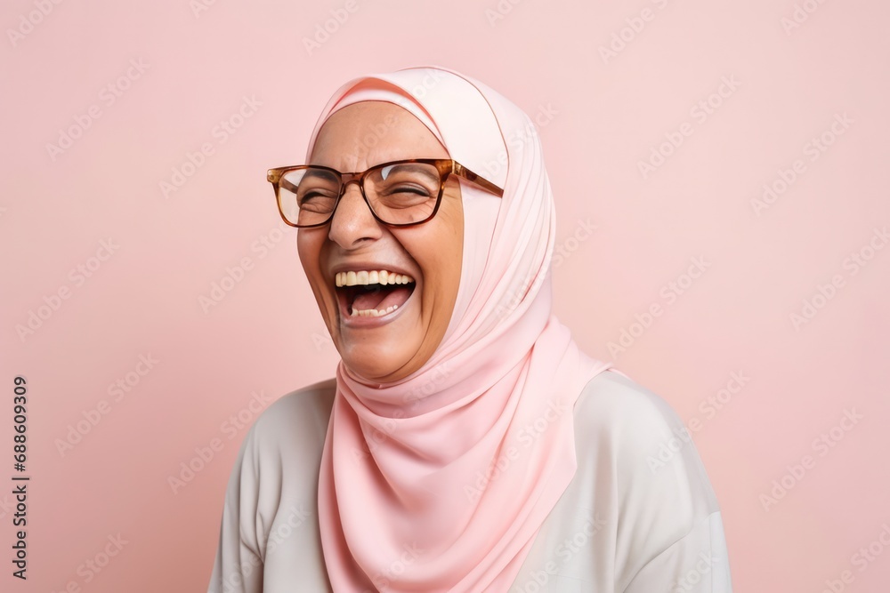 Happy Old Egyptian Woman On Pastel Background. Сoncept Egyptian Culture, Senior Portrait, Pastel Color Palette, Traditional Attire Happy Old Egyptian Woman On Pastel Background. Сoncept Egyptian Culture, Senior Portrait, Pastel Color Palette, Traditional Attire