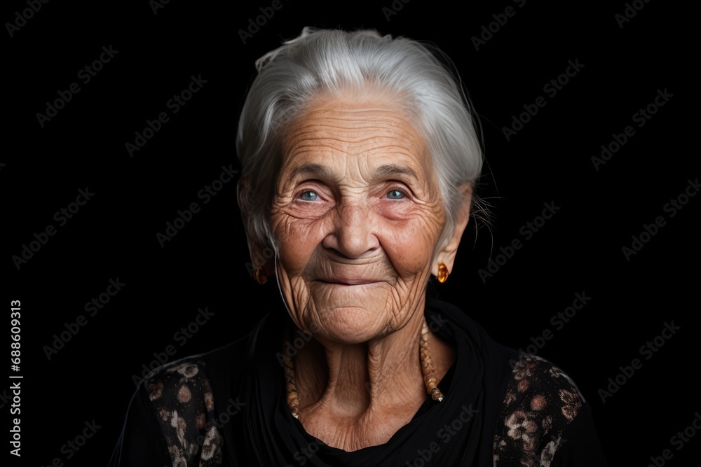 Happy Old European Woman On Black Background. Сoncept Elegant Vintage Style, Timeless Beauty, Classic Portraits, Graceful Poses, Sophisticated Charm