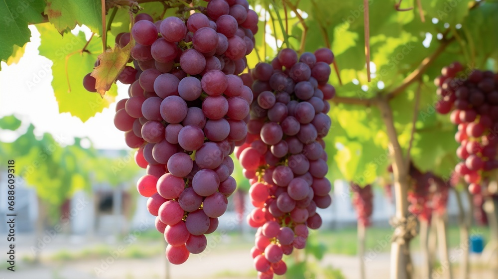 Red ripe grapes in garden with clusters associated plump sleek, this material used to make red wine business .