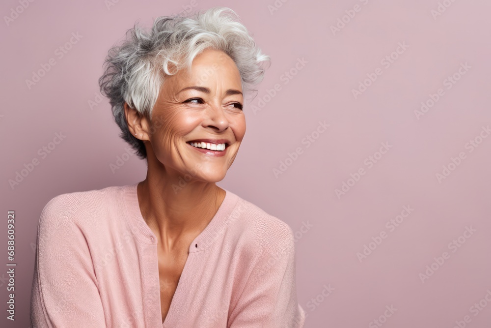 Happy Old European Woman On Pastel Background Happy Old European Woman On Pastel Background