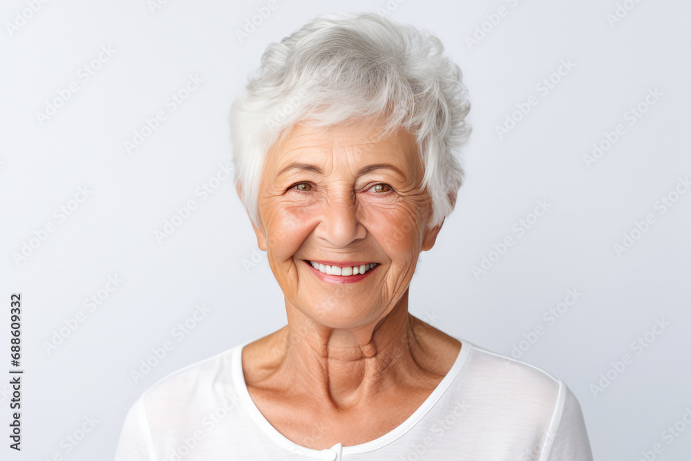 Happy Old European Woman On White Background. Сoncept Elegant Vintage Fashion, Cultural Heritage, Timeless Beauty, Grayscale Memories Happy Old European Woman On White Background. Сoncept Elegant Vintage Fashion, Cultural Heritage, Timeless Beauty, Grayscale Memories