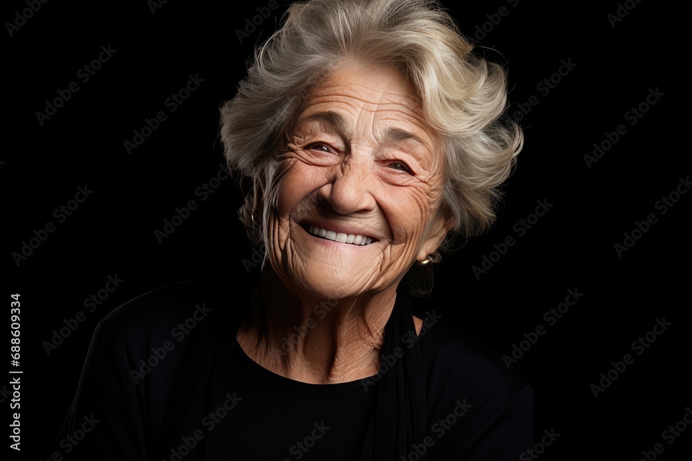 Happy Old French Woman On Black Background Happy Old French Woman On Black Background