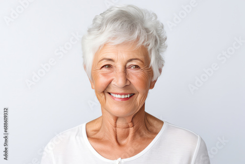 Happy Old European Woman On White Background. Сoncept Elegant Vintage Fashion, Cultural Heritage, Timeless Beauty, Grayscale Memories