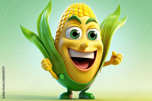 Exuberant cartoon corn character with green eyes, jubilantly posing on a vibrant green gradient background.
