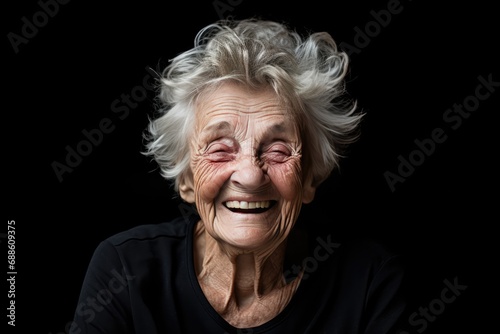 Happy Old German Woman On Black Background © Anastasiia