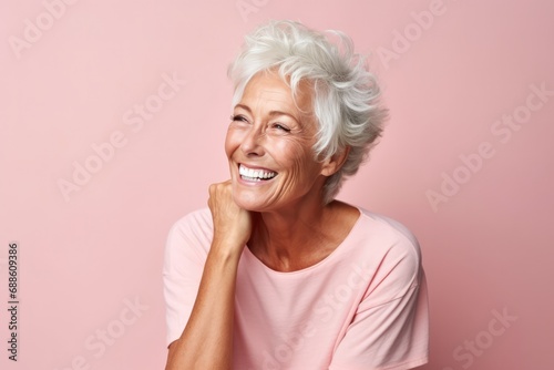 Happy Old German Woman On Pastel Background. Сoncept Vintage Fashion, German Heritage, Pastel Color Palette, Joyful Expression