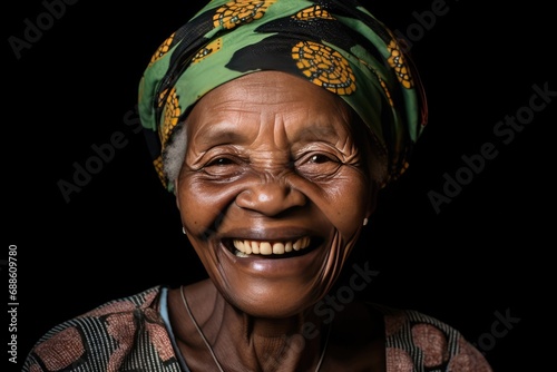 Happy Old South African Woman On Black Background © Anastasiia