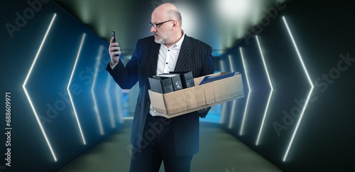 Fired man with box. Manager...