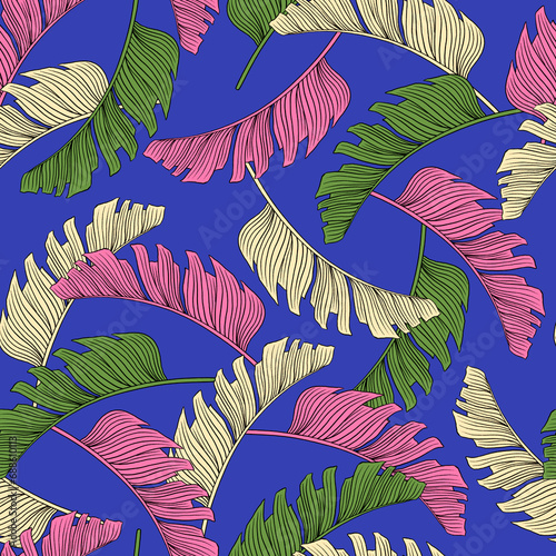 Tropical leaf seamless pattern. Colorful vivid print with beautiful palm jungle leaves. Repeated luxury design for packaging, cosmetic, fashion, textile, wallpaper. Realistic high quality illustration