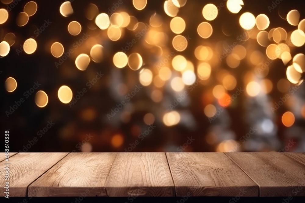 Empty Wood Table With Blurred Christmas Tree Background Copy Space