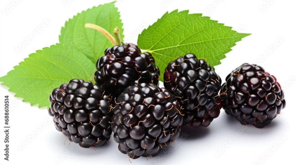 With clipping path, a ripe blackberry is isolated on a white background. Close-up of fresh summer wild berries Blackberry collection with leaves in detail. With clipping path, a ripe blackberry is isolated on a white background. Close-up of fresh summer wild berries Blackberry collection with leaves in detail.