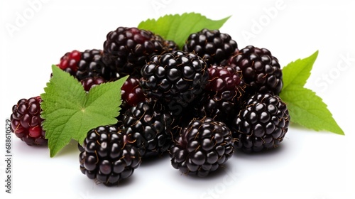 With clipping path, a ripe blackberry is isolated on a white background. Close-up of fresh summer wild berries Blackberry collection with leaves in detail.