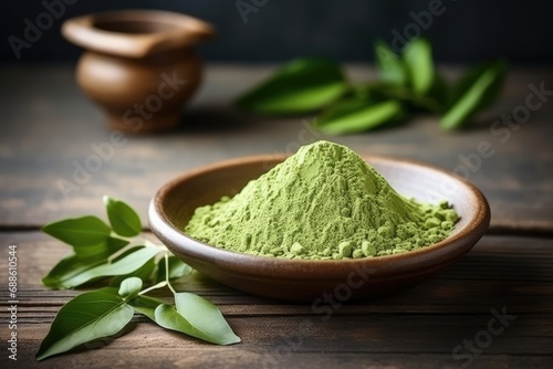 Heap Of Matcha Tea Powder And Leaves On Ceramic Bowl, Organic Green Tea Copy Space