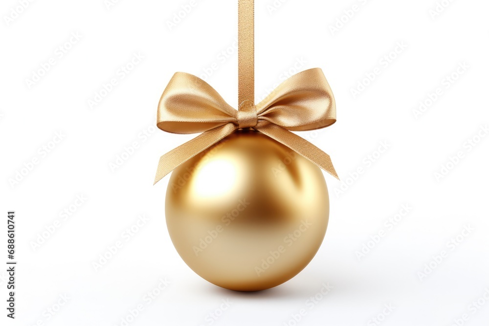 Isolated Gold Christmas Ball With Ribbon And Bow. Сoncept Holiday Decorations, Festive Ornaments, Christmas Ball, Gold Accents, Ribbon And Bow Isolated Gold Christmas Ball With Ribbon And Bow. Сoncept Holiday Decorations, Festive Ornaments, Christmas Ball, Gold Accents, Ribbon And Bow