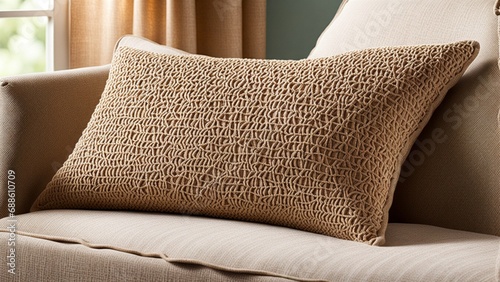 Burlap-textured lumbar pillow.