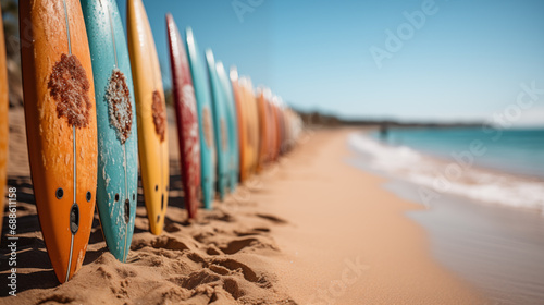 row surfboards on the beach