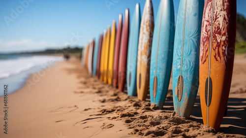 row of surfboards on the beach