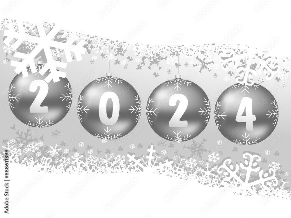 New years 2024 illustration with silver Christmas baubles on white
