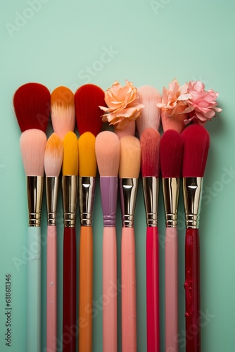 different colored paint brushes laying flat on a pink surface