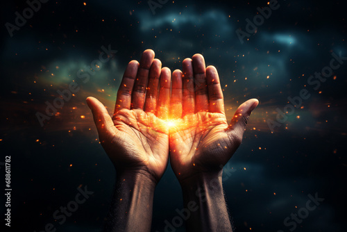 Light shinning in the hands, praying or meditating, belief, consciousnes and spirituality, religion, hope and faith