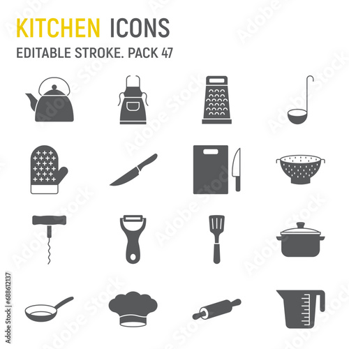 Kitchen glyph icon set, culinary collection, vector graphics, logo illustrations, kitchen vector icons, cooking signs, solid pictograms, editable stroke