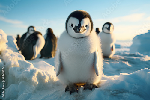 Penguin baby on Antarctic coast or islands, wildlife animals, environment and ecosystem, bird in ice and snow