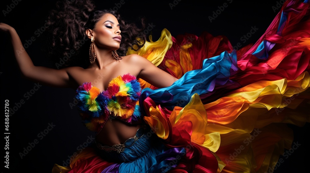 A captivating Brazilian woman strikes a pose in a vibrant samba costume, radiating energy and grace against a flat white background. A captivating Brazilian woman strikes a pose in a vibrant samba costume, radiating energy and grace against a flat white background.