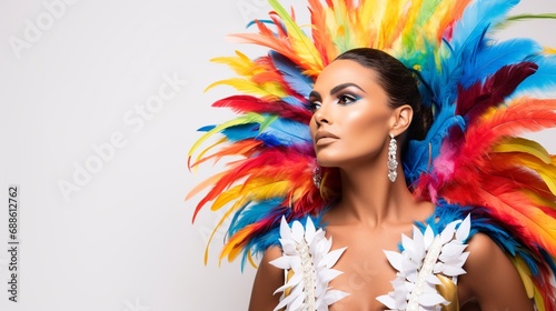 A captivating Brazilian woman strikes a pose in a vibrant samba costume, radiating energy and grace against a flat white background.