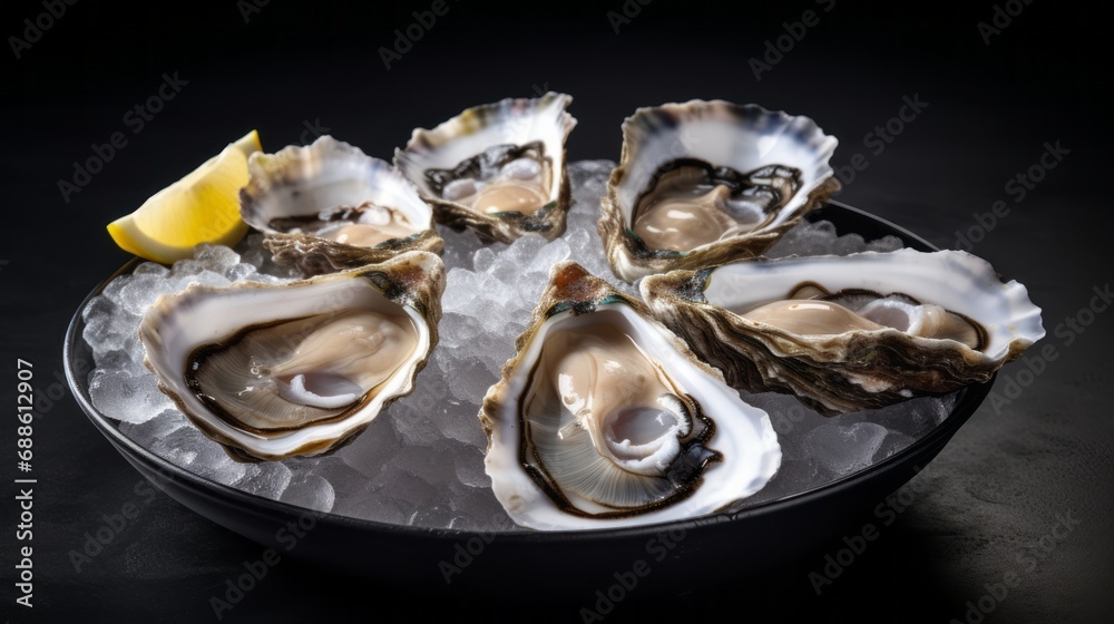 healthy food, seafood Raw Atlantic oysters on dark wooden background in ice with lemon healthy food, seafood Raw Atlantic oysters on dark wooden background in ice with lemon