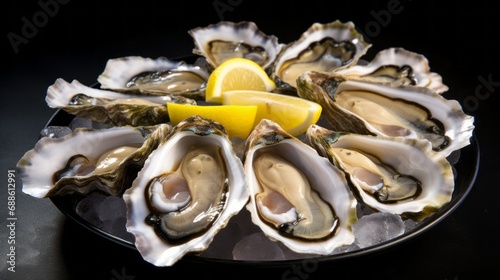healthy food, seafood Raw Atlantic oysters on dark wooden background in ice with lemon