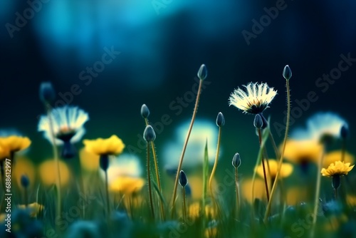 Floral summer spring background. Yellow dandelion flowers close-up in a field on nature on a dark blue green background in evening at sunset. Colorful artistic image  free copy space. generative ai.